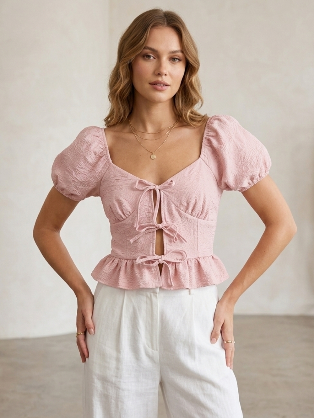 one clothing Dusty Blush Tie-Front Puff Sleeve Peplum Top